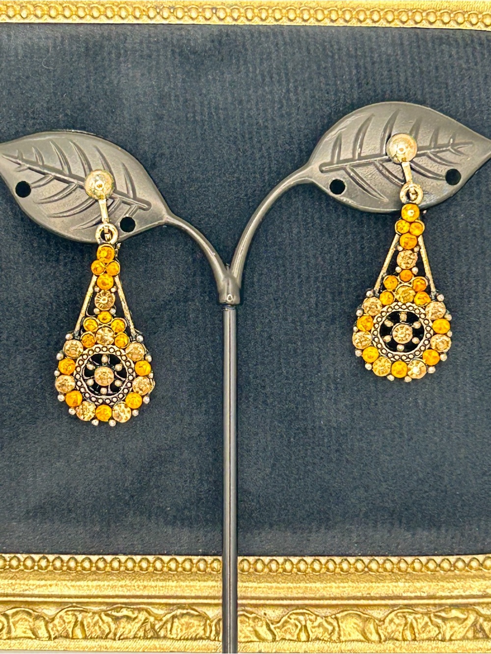 Amber Orange & Champagne Rhinestone Filigree Dangle Clip On Earrings